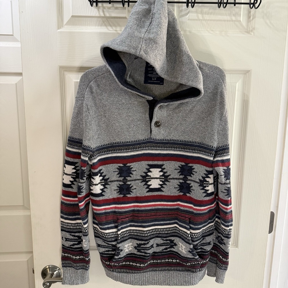 American Eagle Hoodie‎ Sweater Mens S Southwest Aztec Knit Cotton Henley Y2K